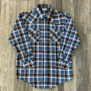 VTG NWOT KP Flannel Pearl Snap Up Work Shirt
Men’s Large
Blue White Orange Plaid
